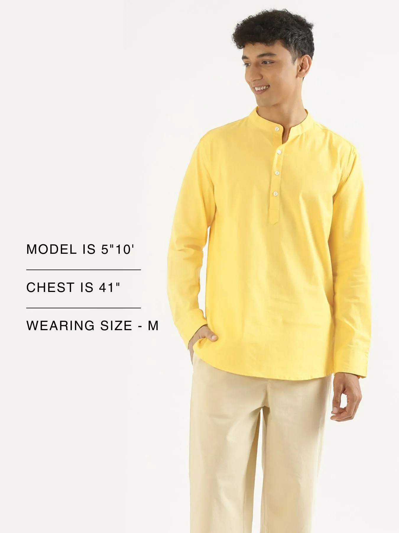 Men Lemon Yellow Airy Linen Short Kurta - Image 8