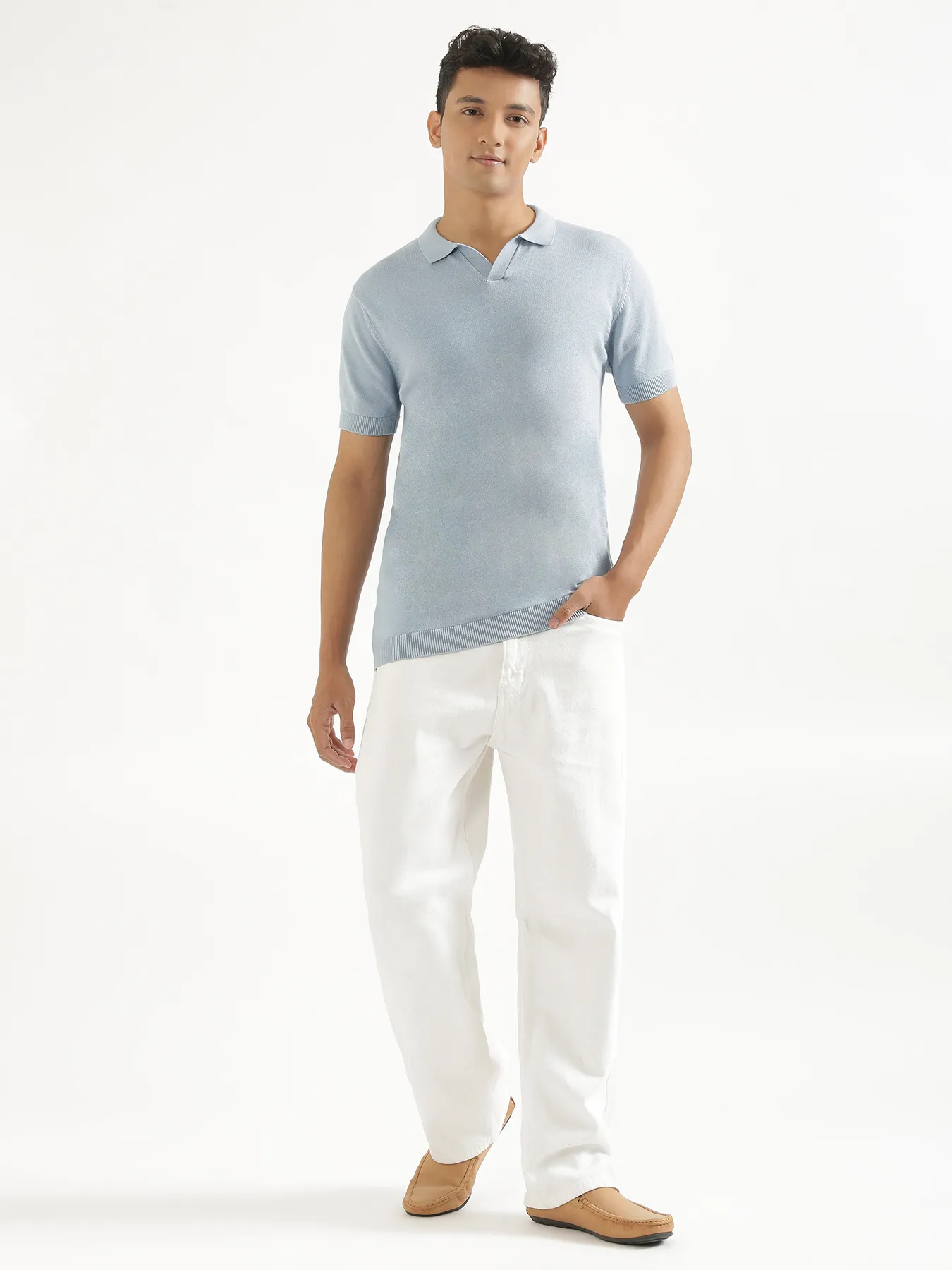 Men Light Blue Flat Knit Polo - Image 3