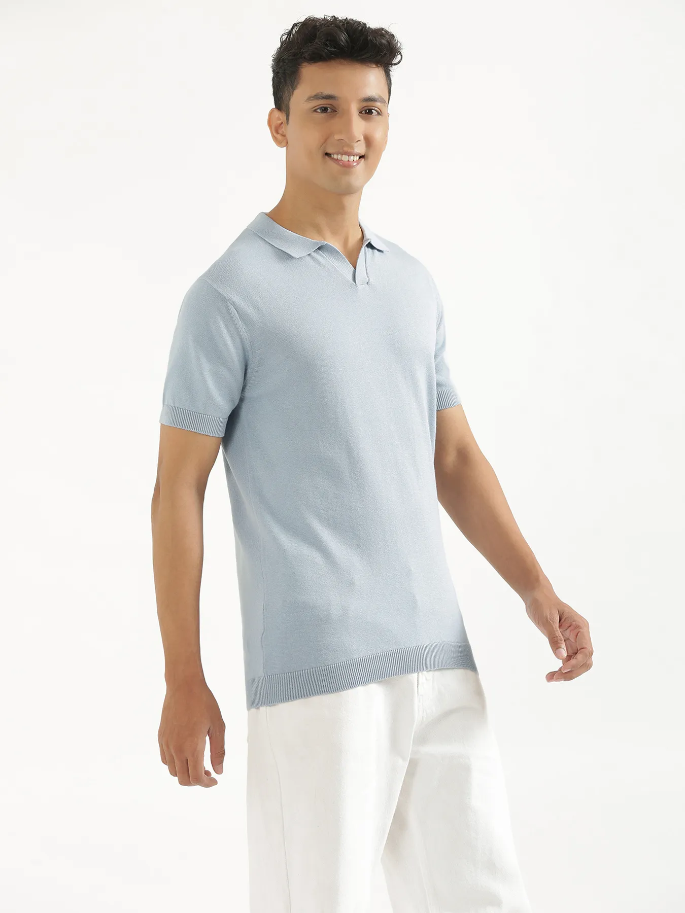 Men Light Blue Flat Knit Polo - Image 9