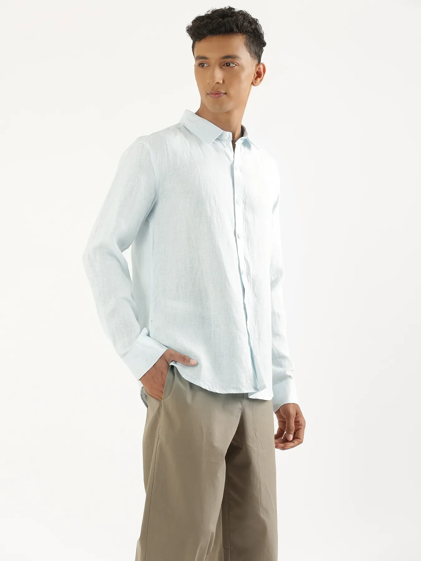 Men Light Blue Pure Linen Full Sleeve Shirt - Image 11