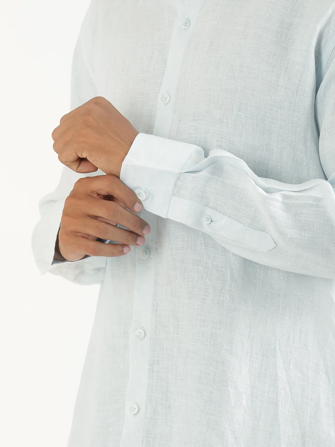 Men Light Blue Pure Linen Full Sleeve Shirt - Image 7