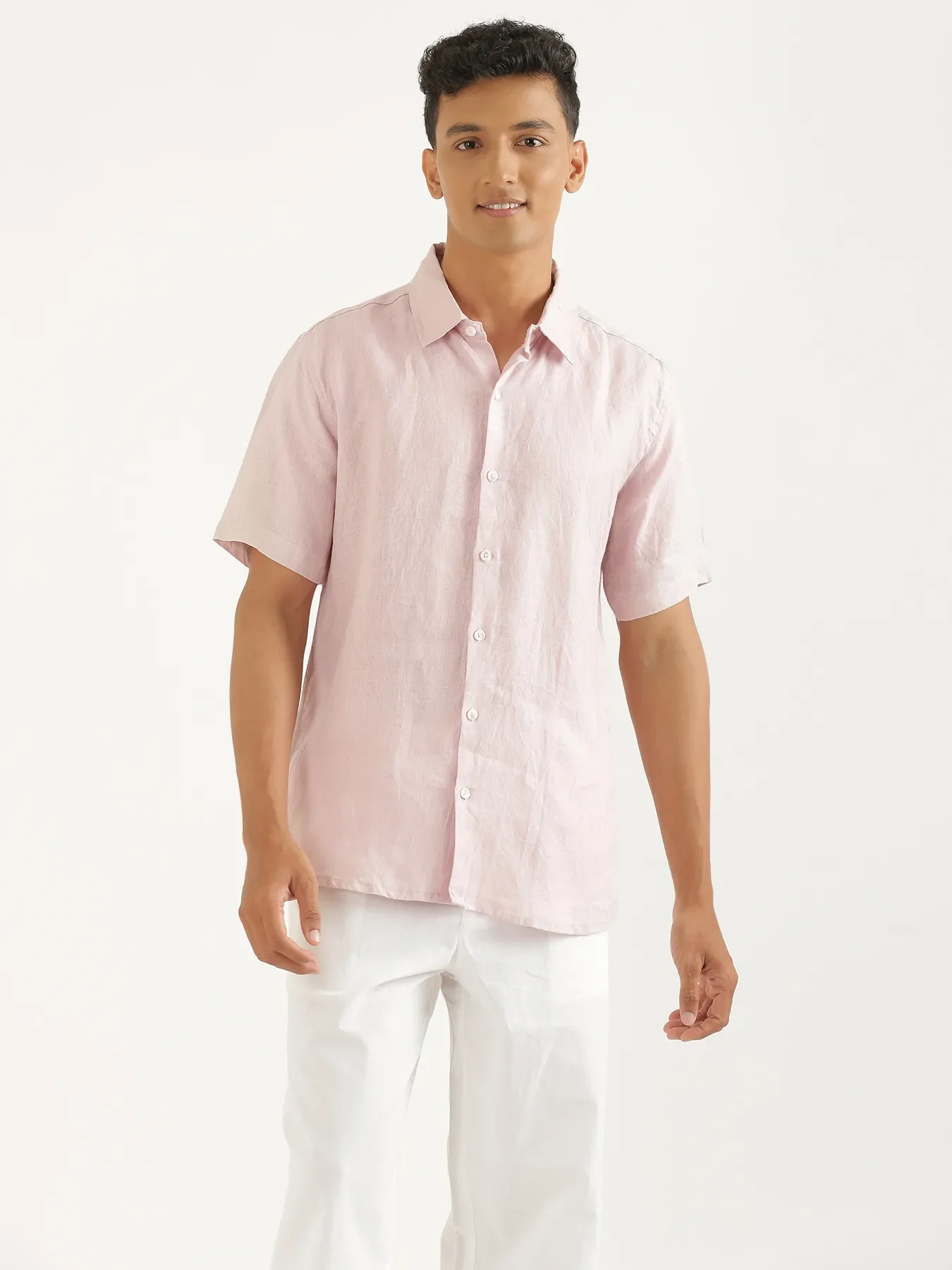 Men Light Pink Pure Linen Short Sleeve Shirt - Image 4