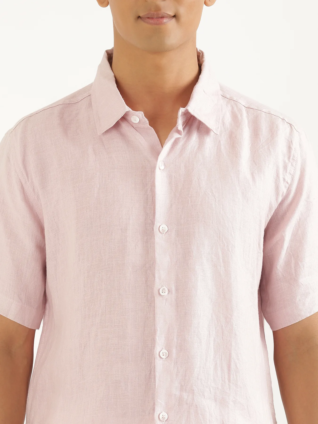 Men Light Pink Pure Linen Short Sleeve Shirt - Image 5