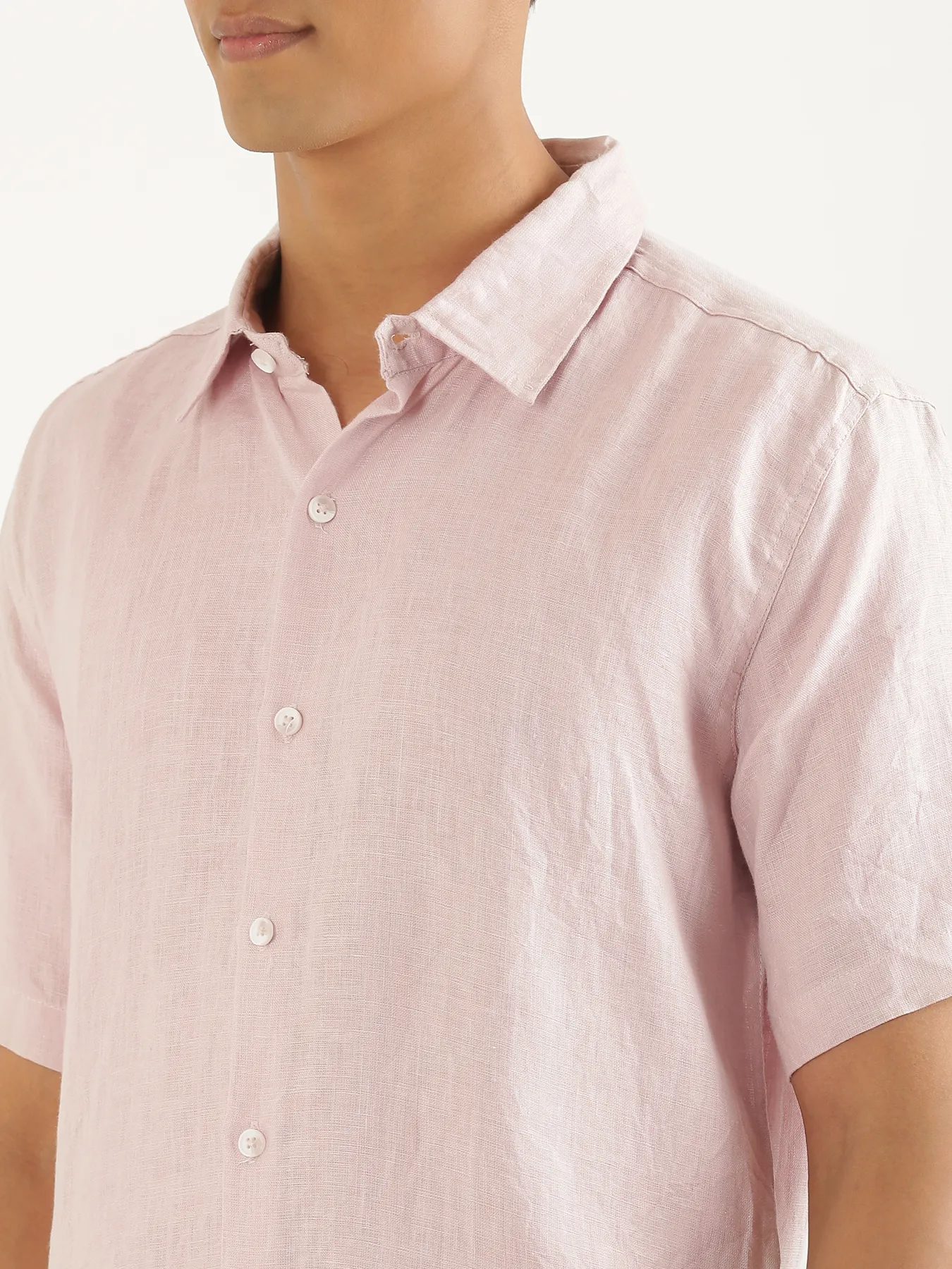 Men Light Pink Pure Linen Short Sleeve Shirt - Image 6