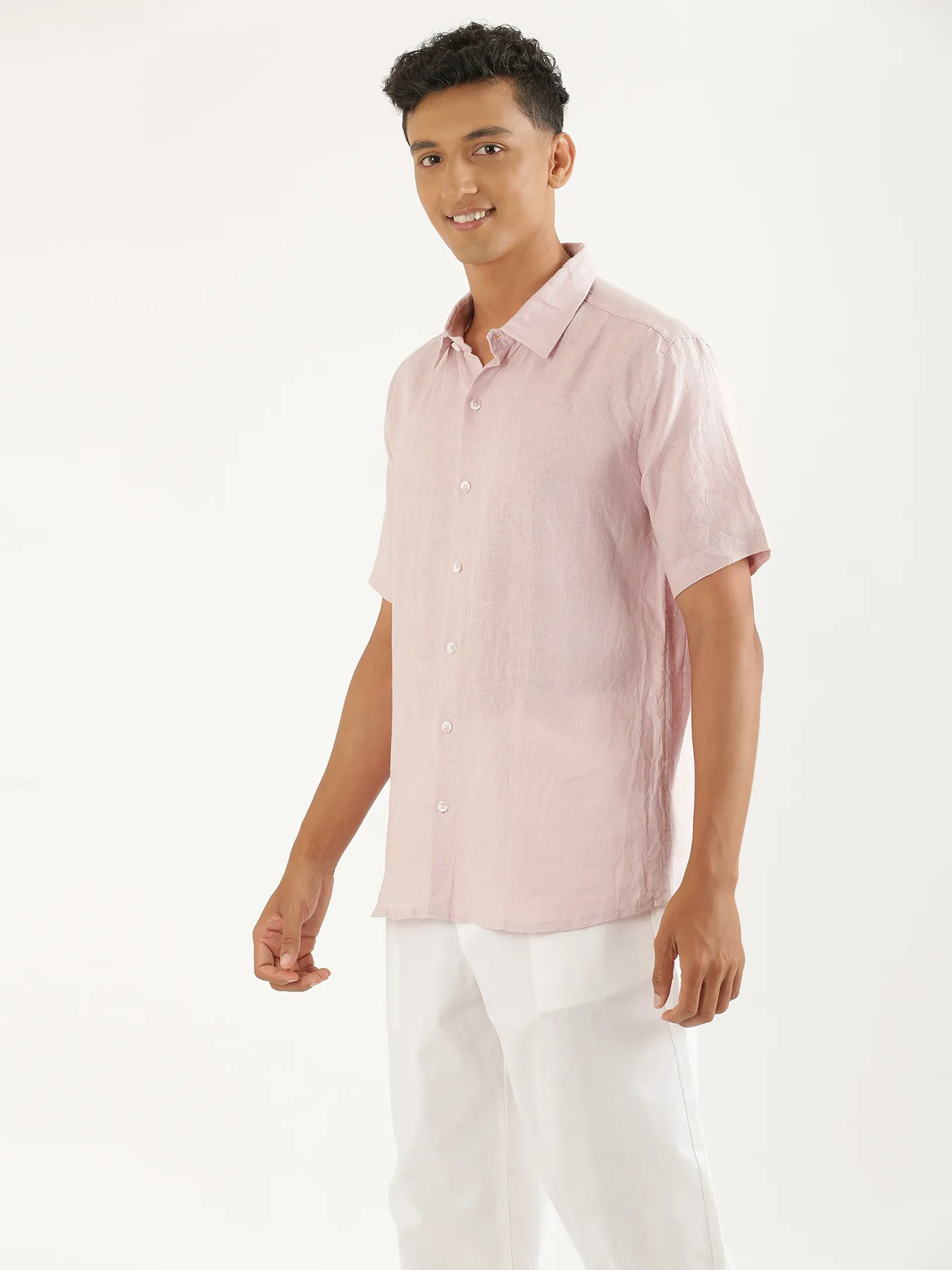 Men Light Pink Pure Linen Short Sleeve Shirt - Image 7