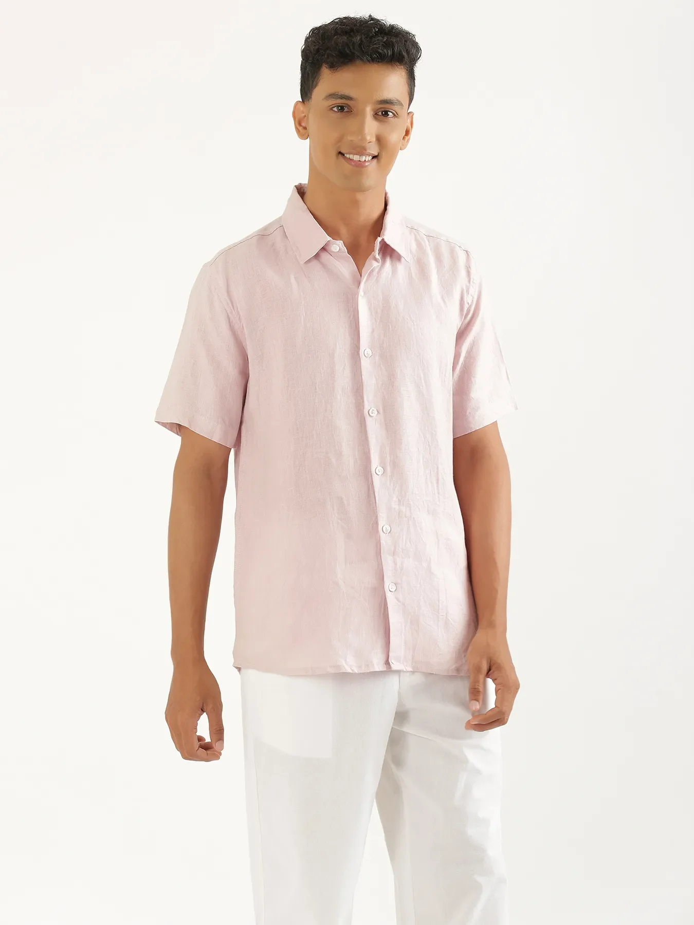 Men Light Pink Pure Linen Short Sleeve Shirt - Image 8