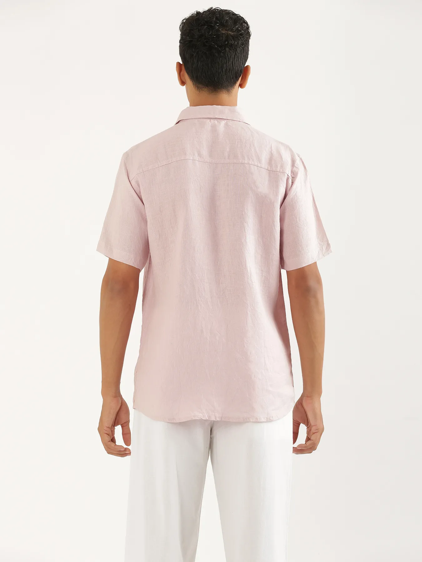 Men Light Pink Pure Linen Short Sleeve Shirt - Image 9