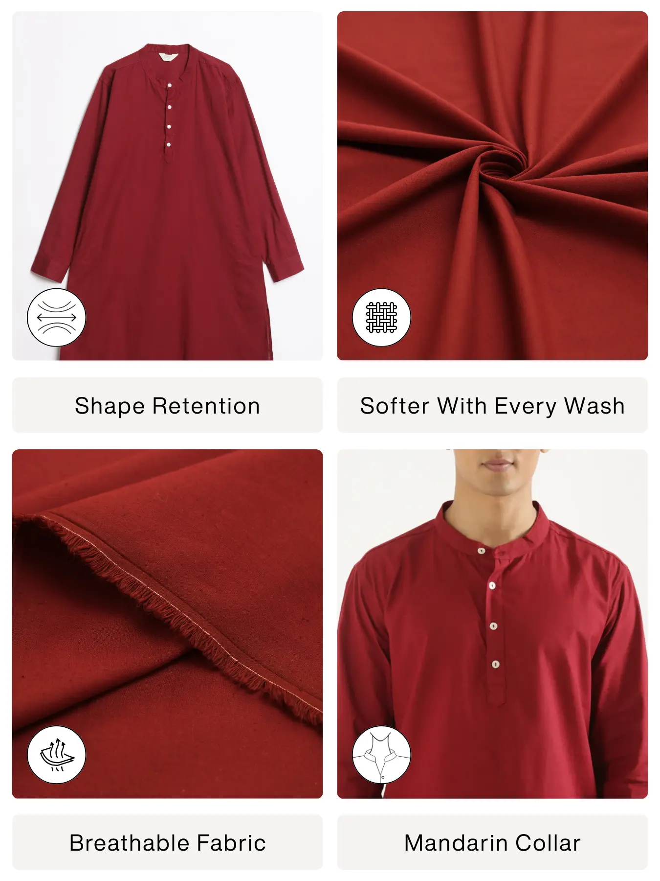 Men Maroon Airy Linen Long Kurta - Image 2