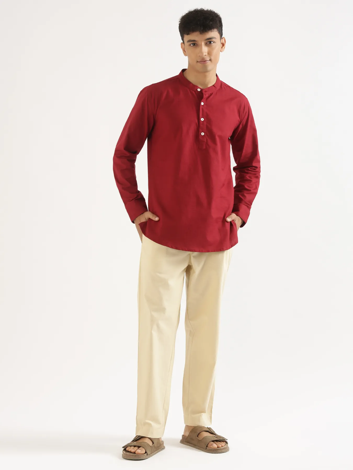 Men Maroon Airy Linen Short Kurta - Image 3