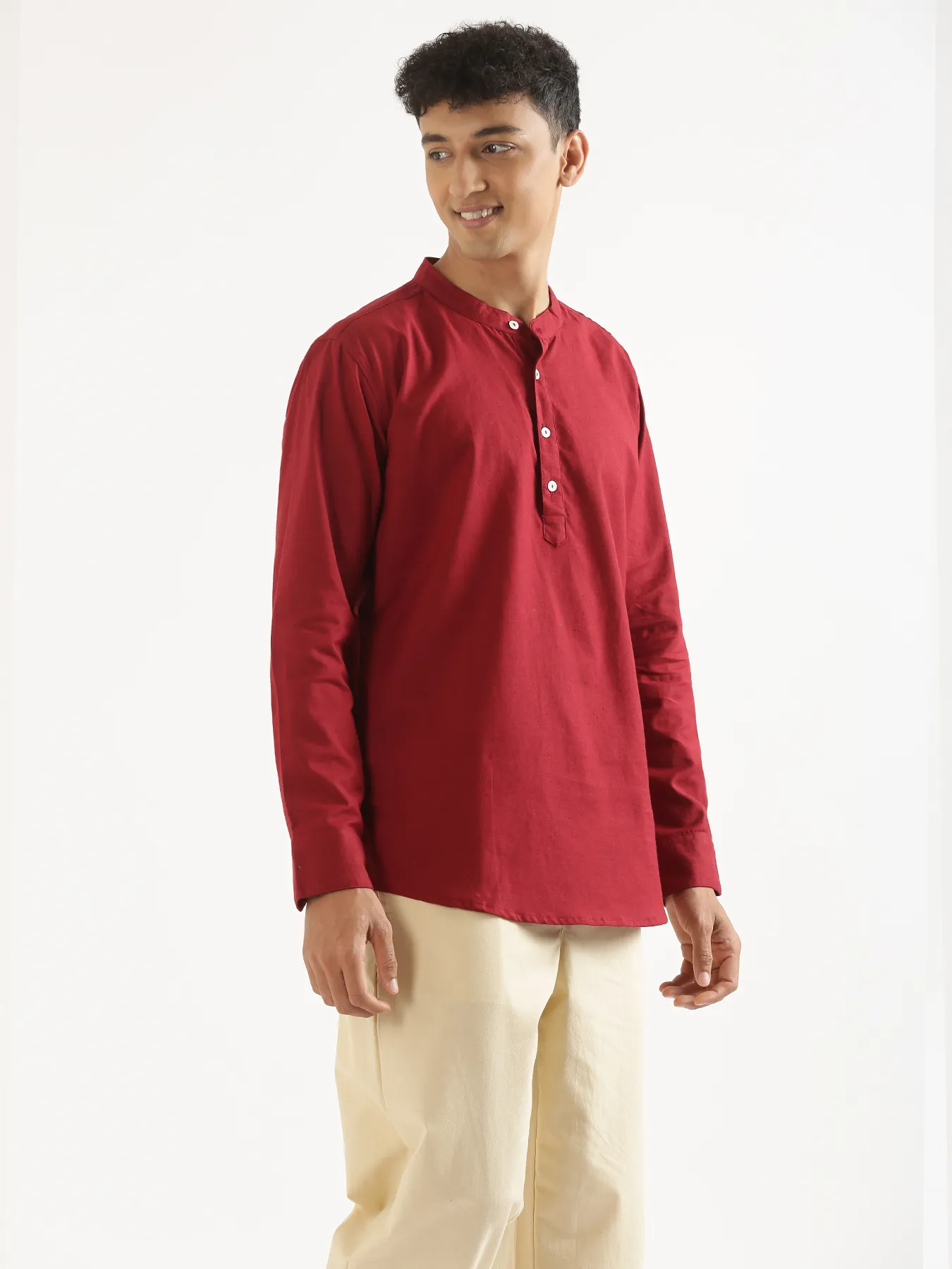 Men Maroon Airy Linen Short Kurta - Image 4