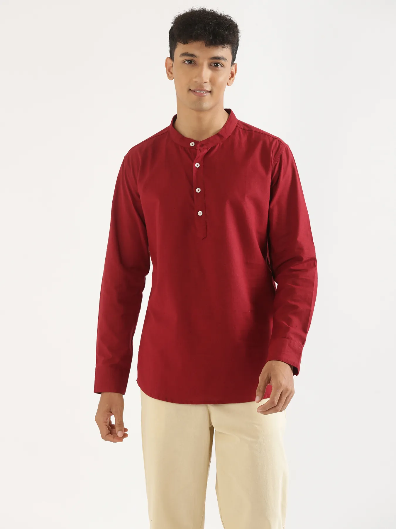 Men Maroon Airy Linen Short Kurta - Image 5