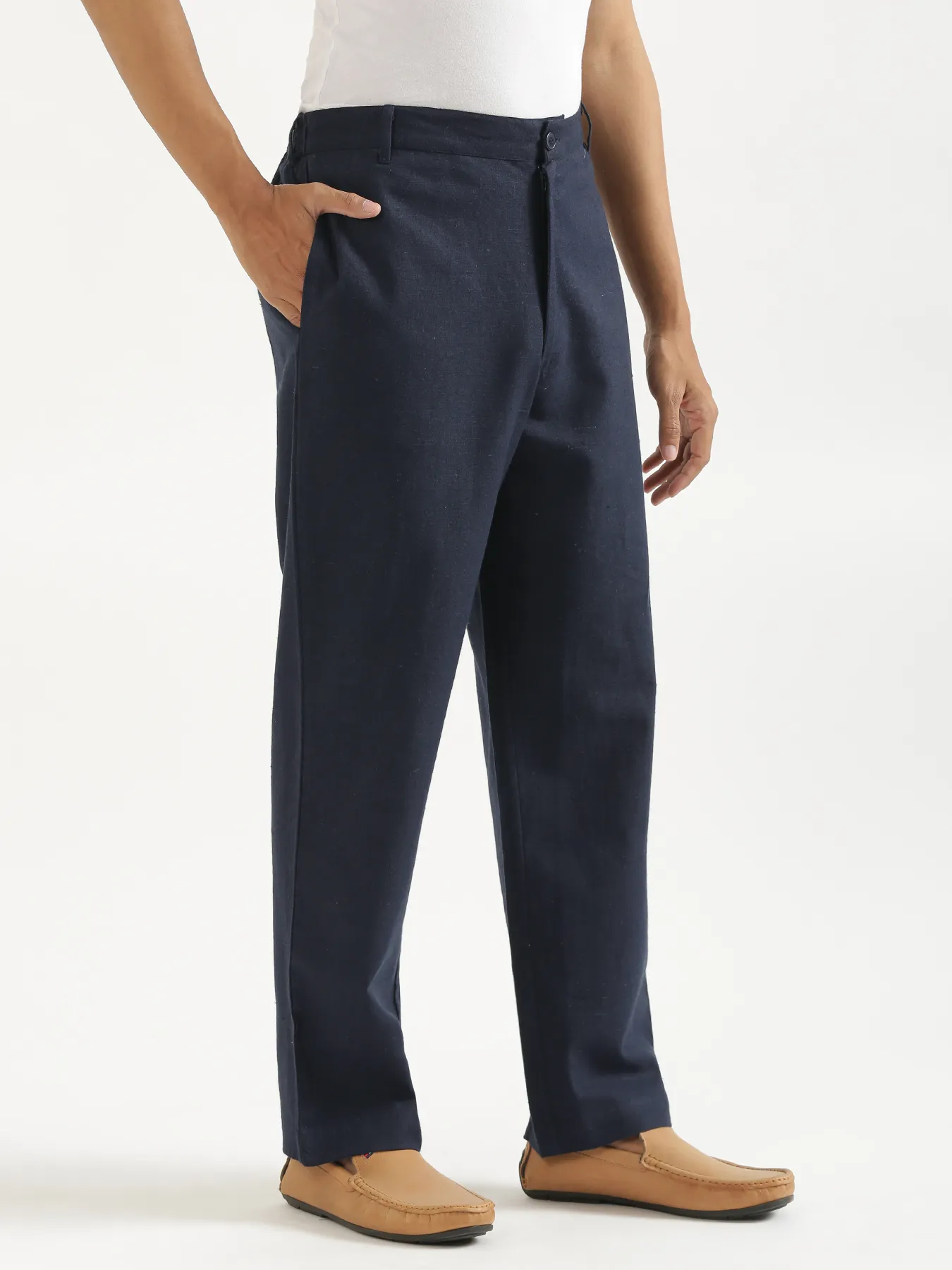 Men Navy Blue Linen Blend Straight Pant - Image 10