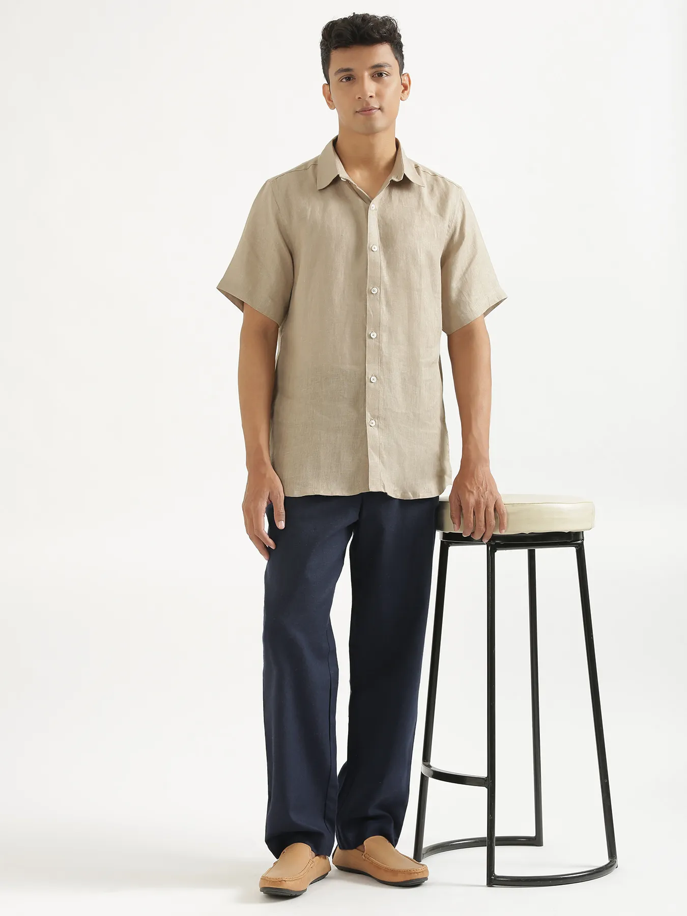 Men Navy Blue Linen Blend Straight Pant - Image 11