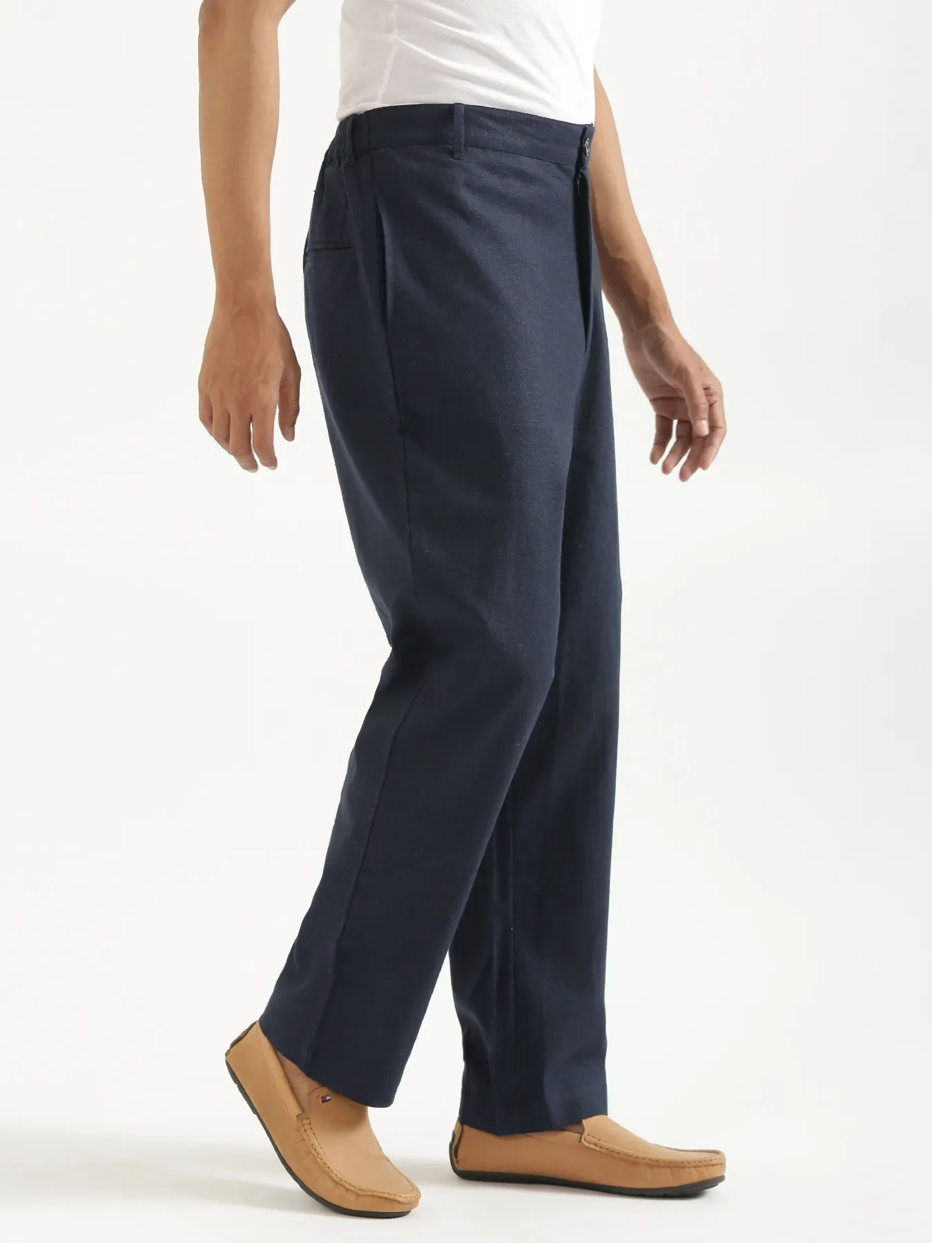 Men Navy Blue Linen Blend Straight Pant - Image 5