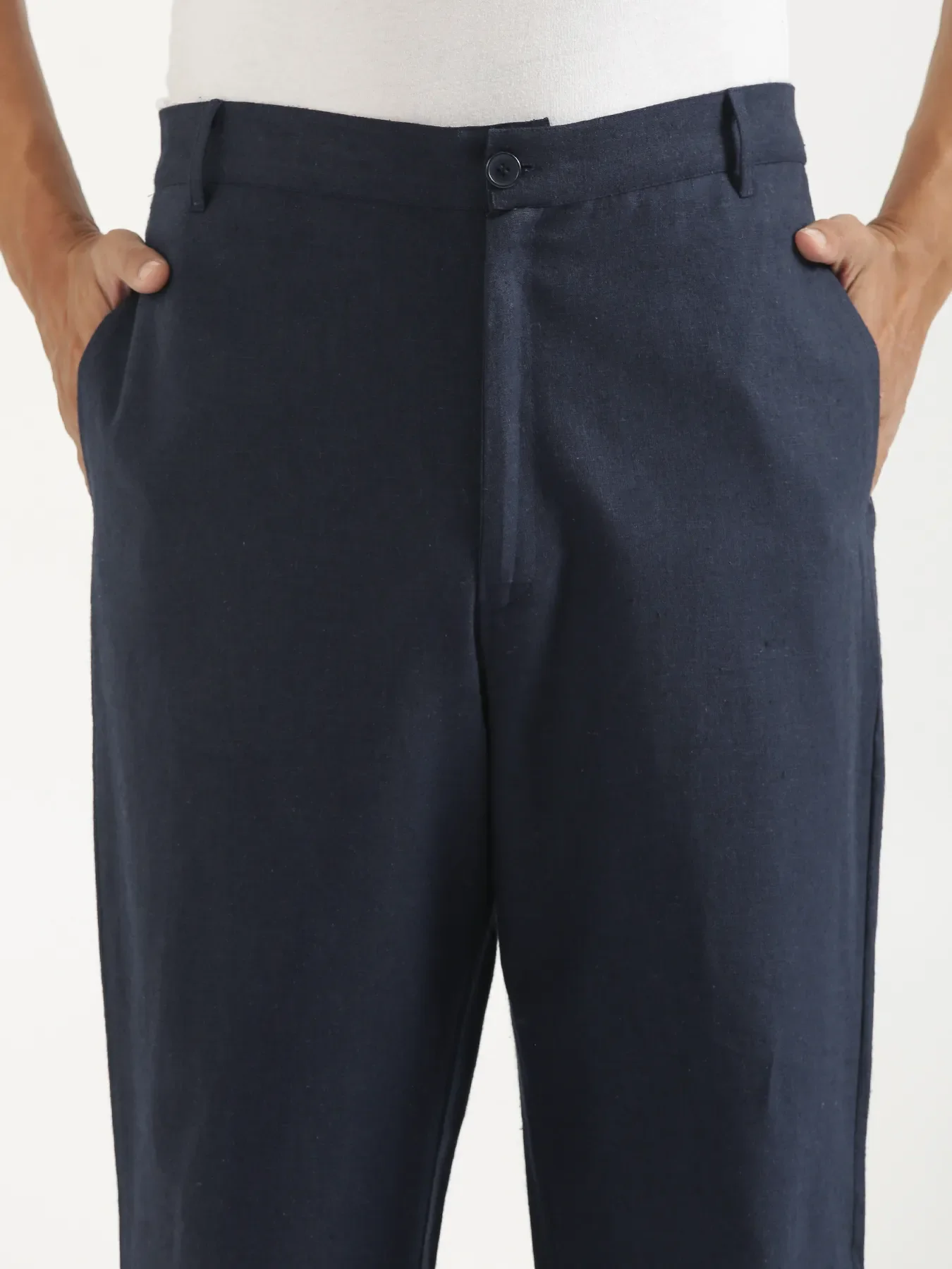 Men Navy Blue Linen Blend Straight Pant - Image 6
