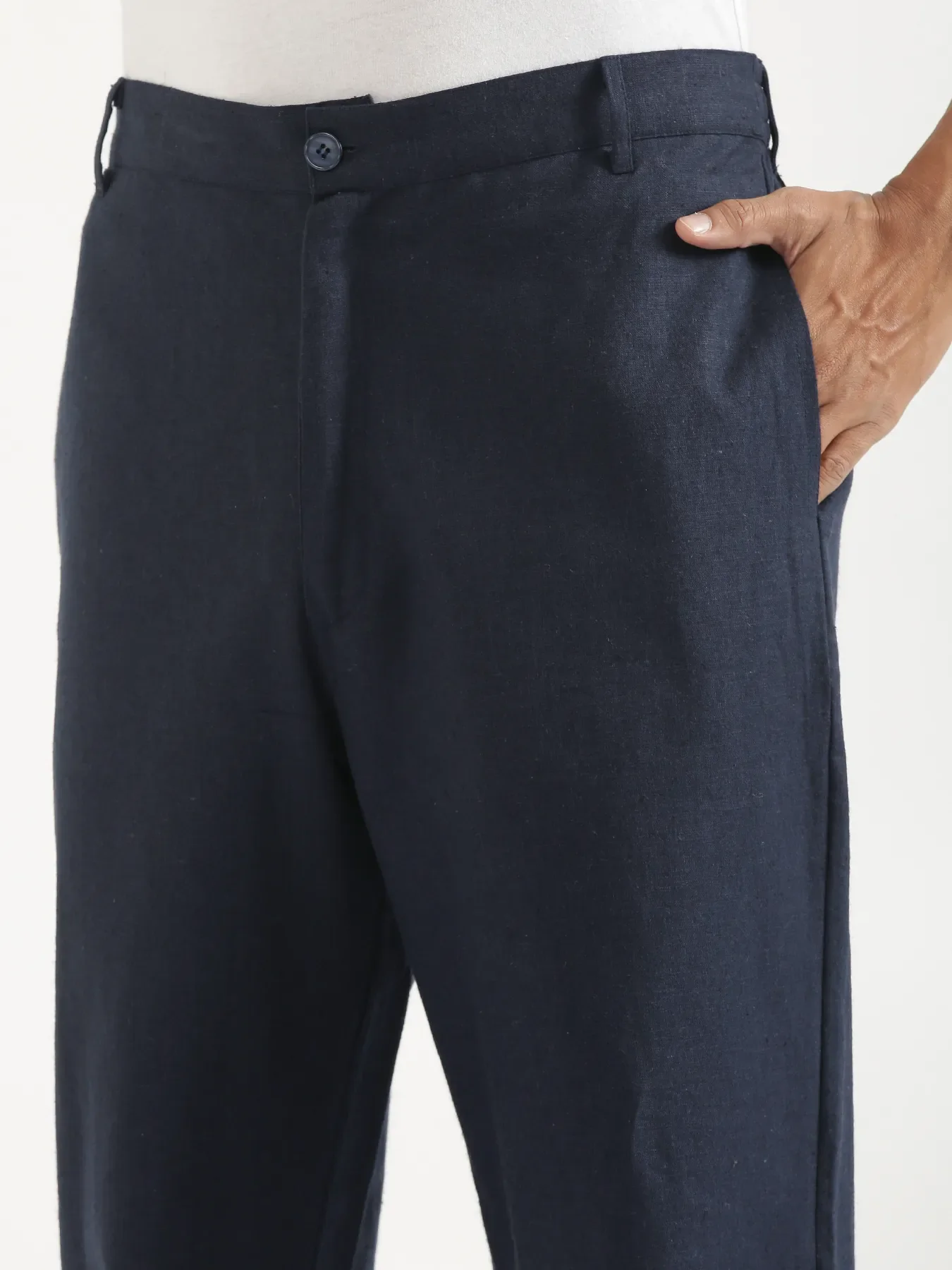 Men Navy Blue Linen Blend Straight Pant - Image 7