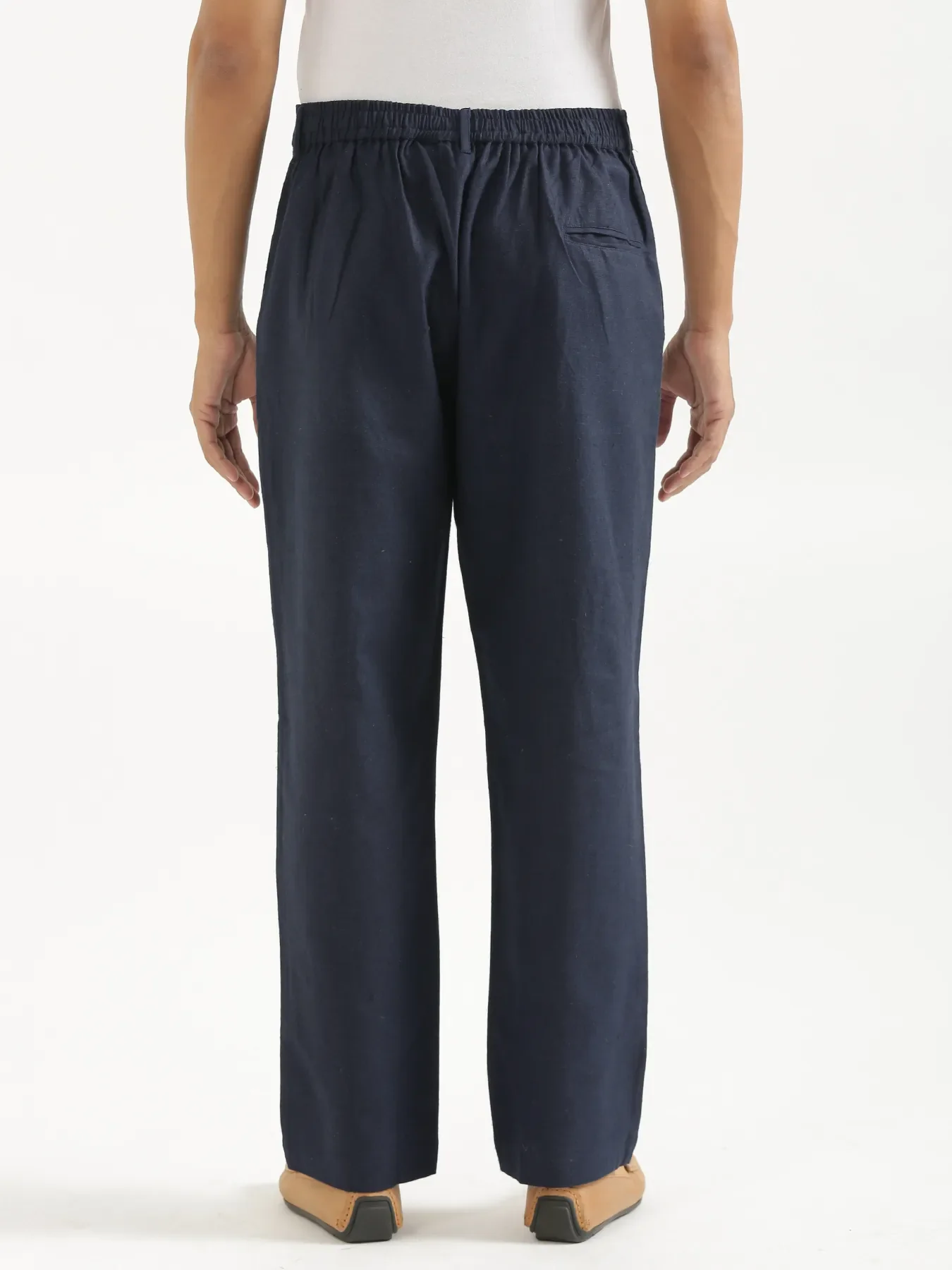 Men Navy Blue Linen Blend Straight Pant - Image 9