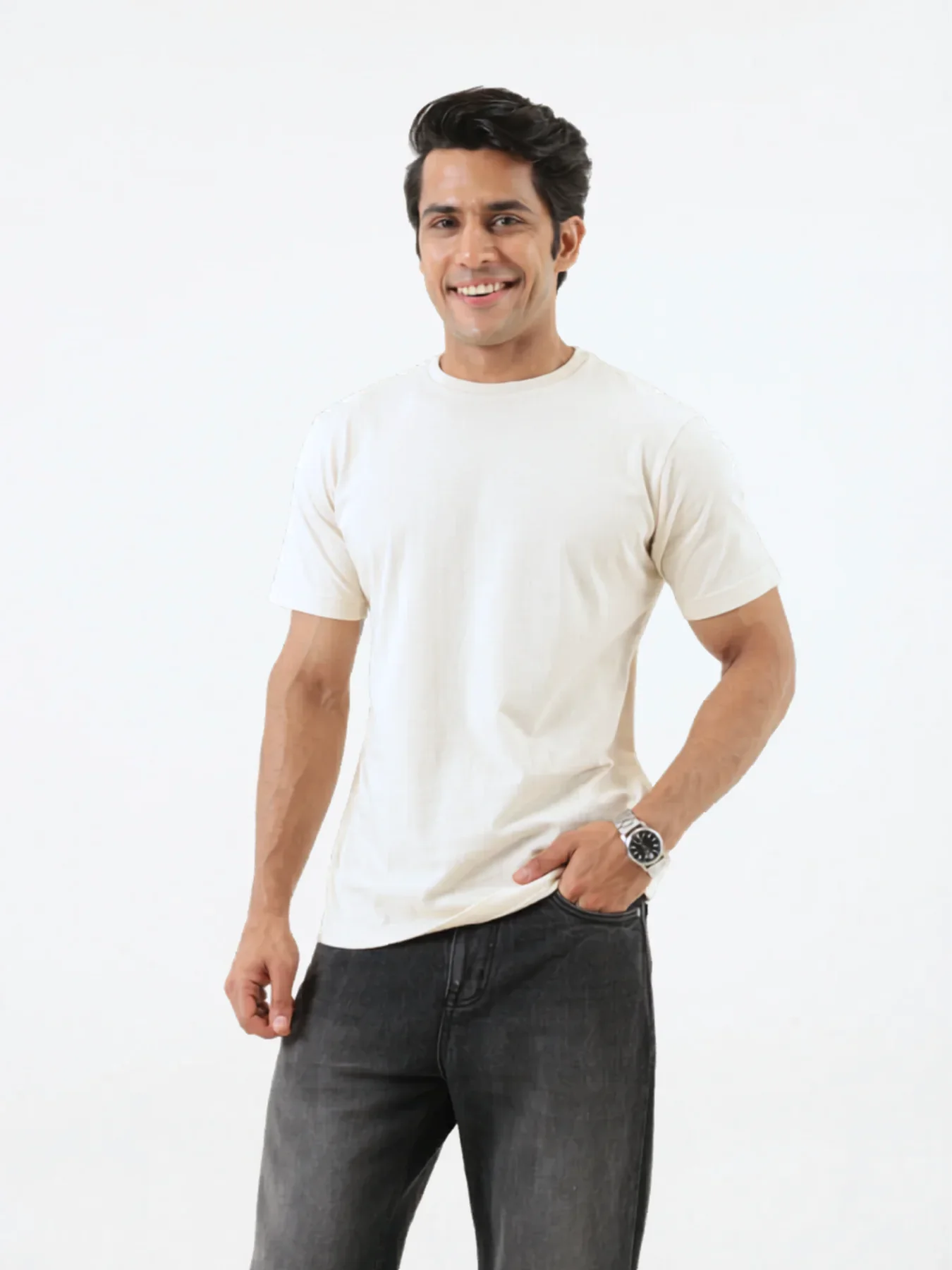 Men Off White Round Neck T-shirt - Image 3