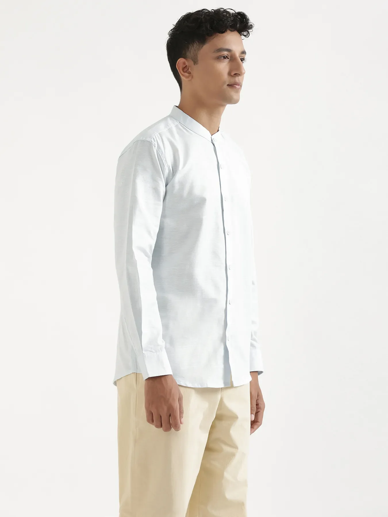Men Powder Blue Linen Blend Mandarin Collar Shirt - Image 11