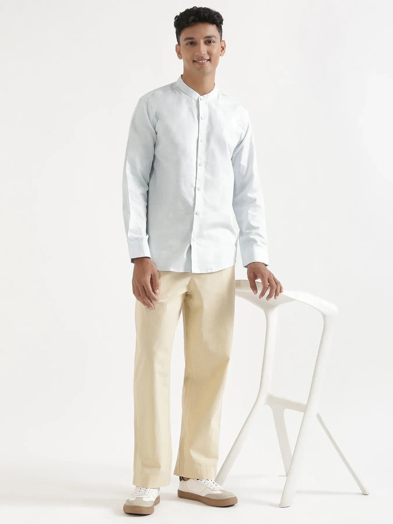 Men Powder Blue Linen Blend Mandarin Collar Shirt - Image 12