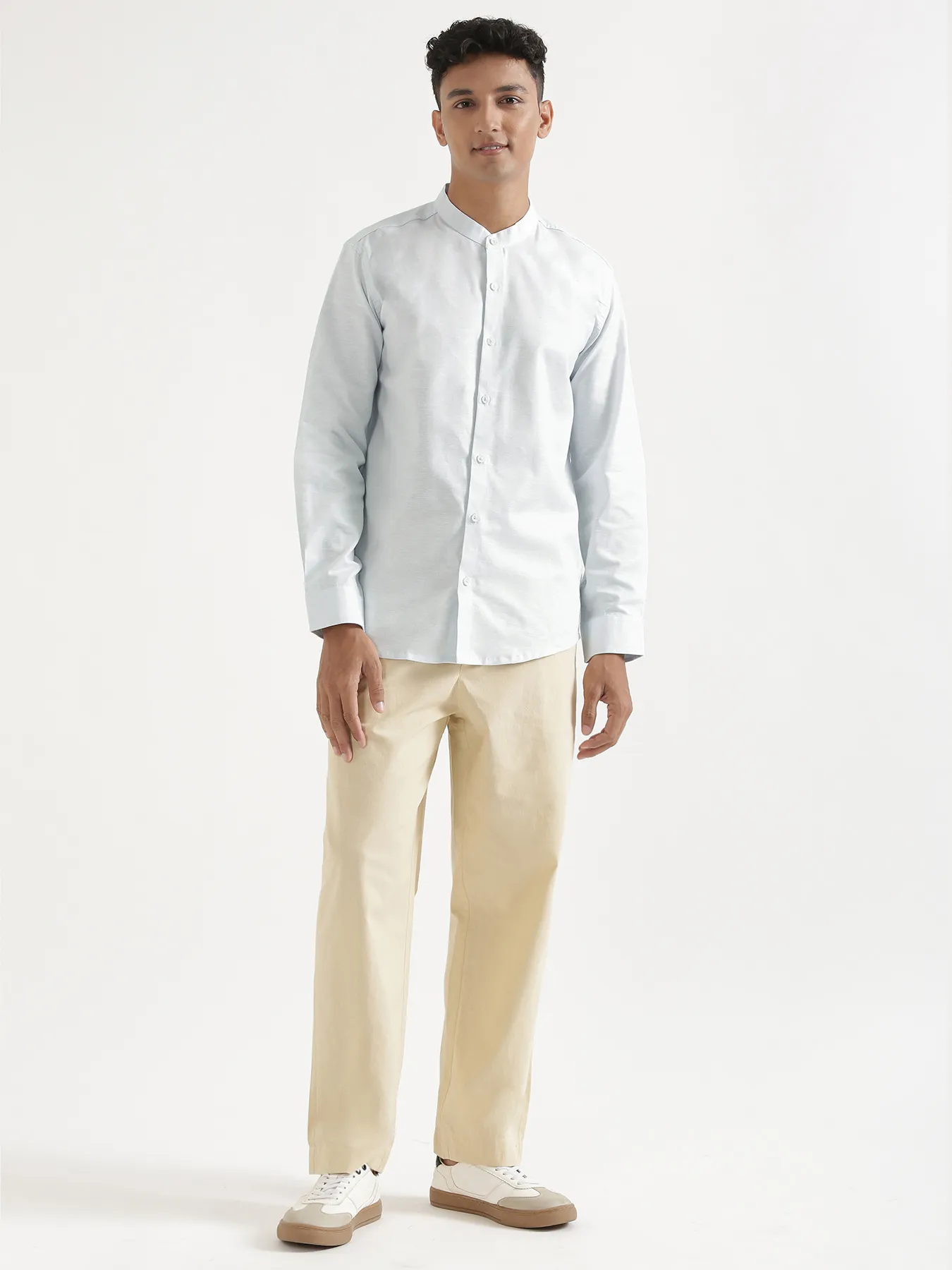 Men Powder Blue Linen Blend Mandarin Collar Shirt - Image 3
