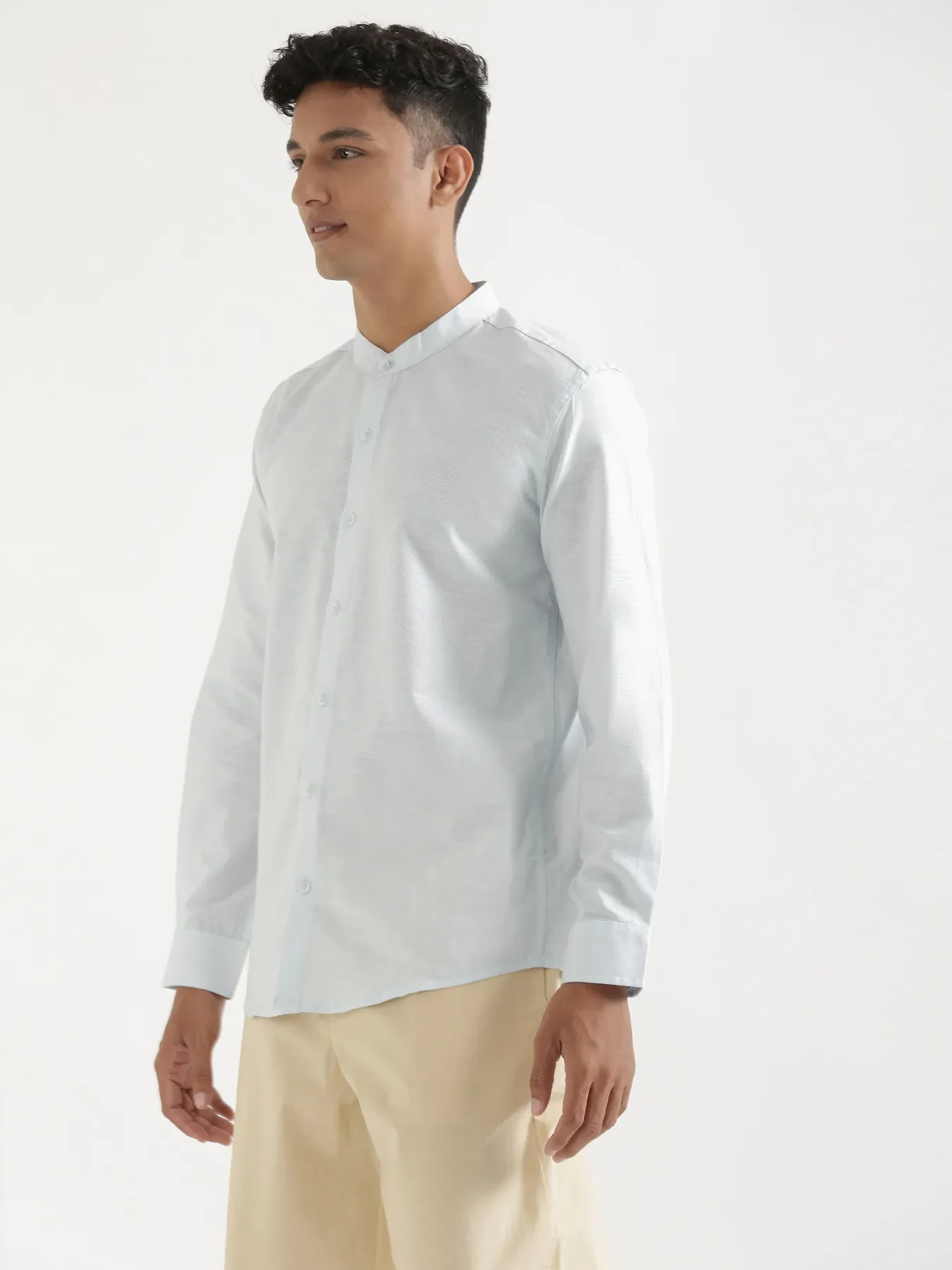 Men Powder Blue Linen Blend Mandarin Collar Shirt - Image 5