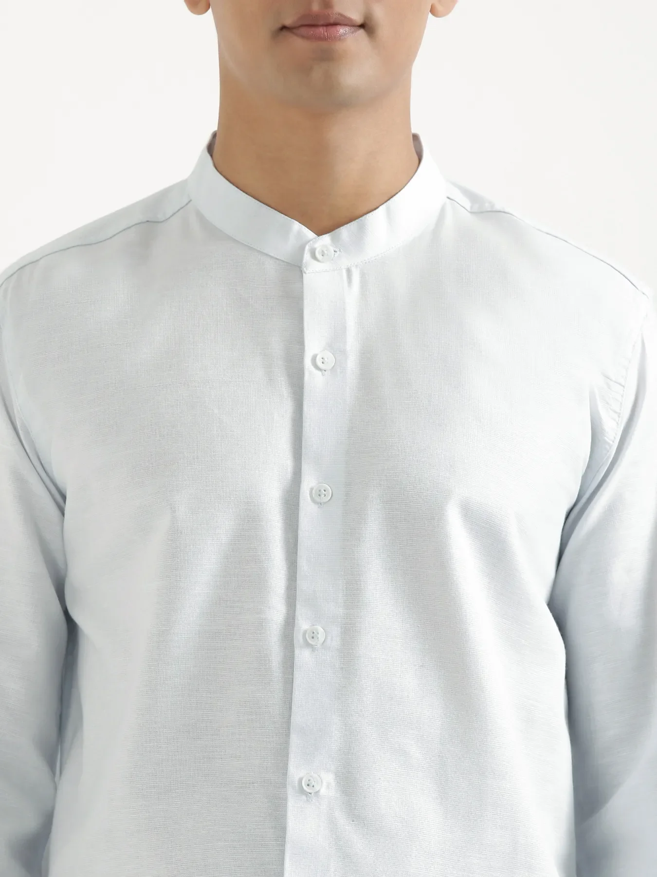 Men Powder Blue Linen Blend Mandarin Collar Shirt - Image 6