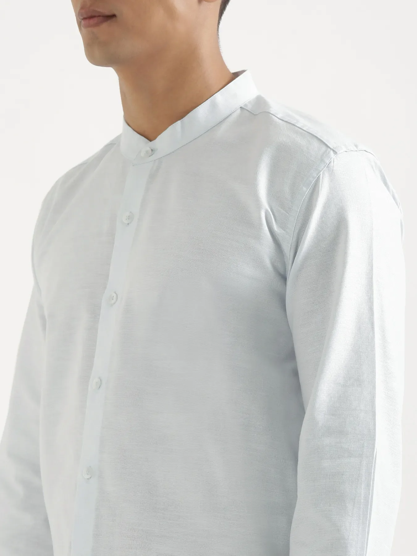 Men Powder Blue Linen Blend Mandarin Collar Shirt - Image 7