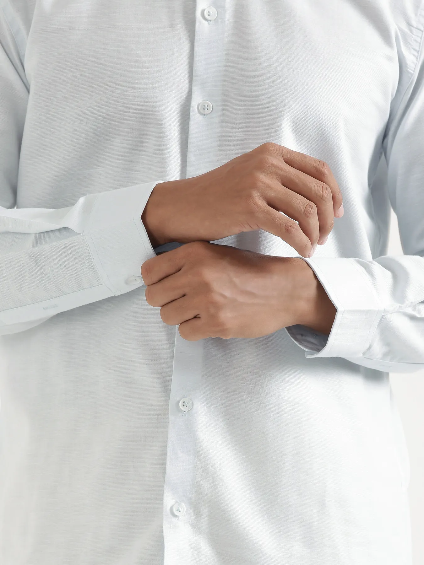 Men Powder Blue Linen Blend Mandarin Collar Shirt - Image 8