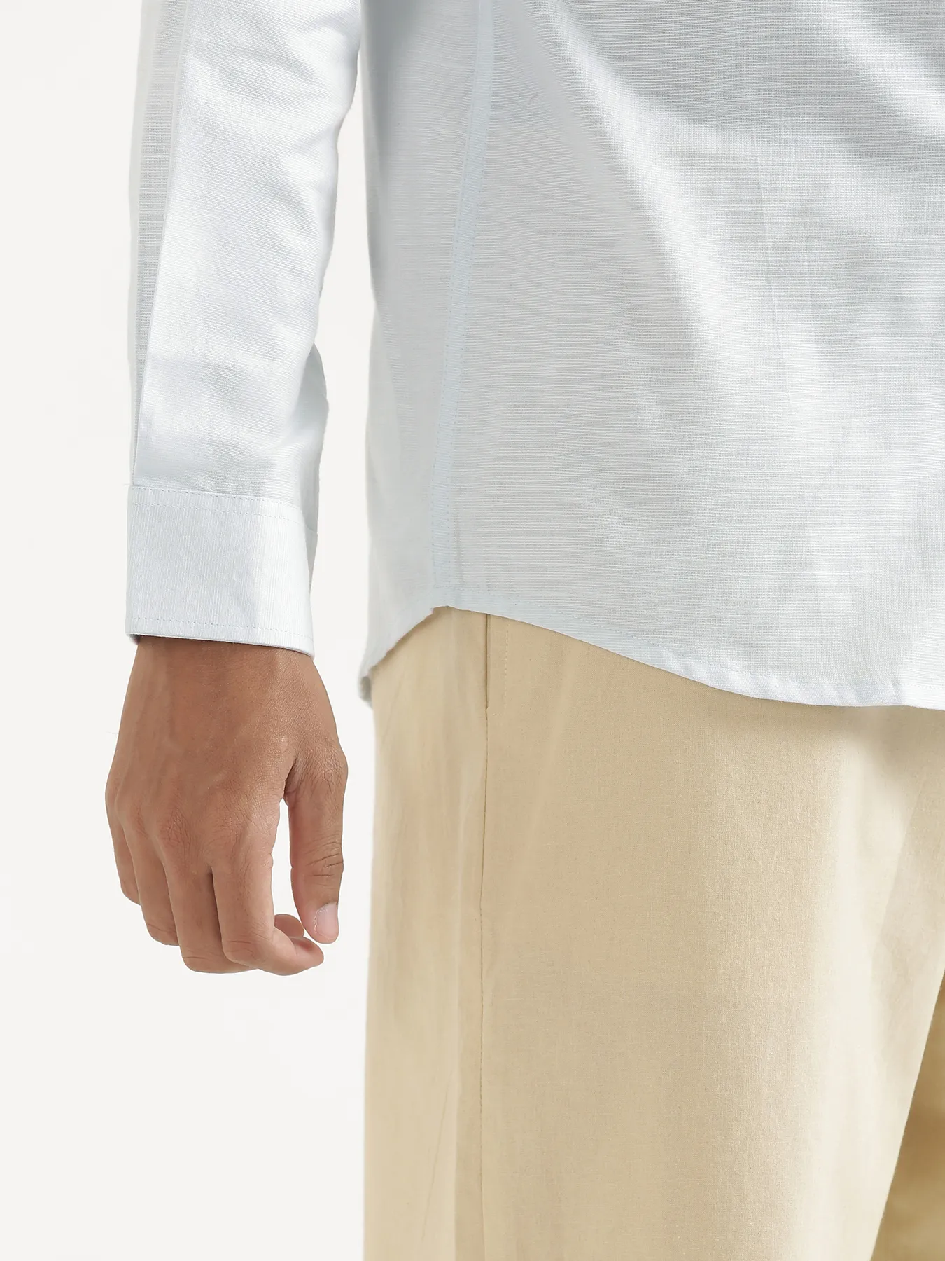 Men Powder Blue Linen Blend Mandarin Collar Shirt - Image 9