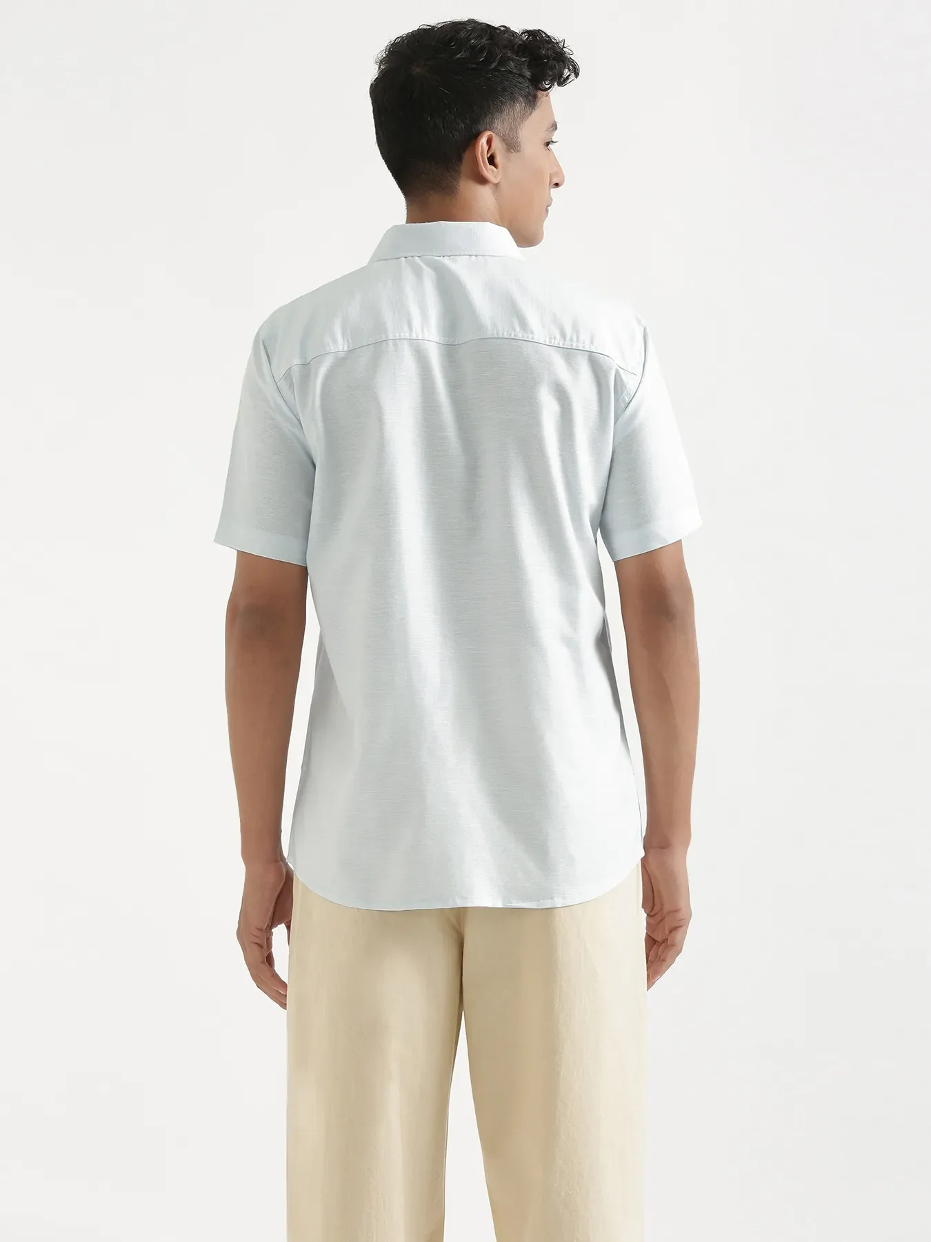 Men Powder Blue Linen Blend Short Sleeve Shirt - Image 10
