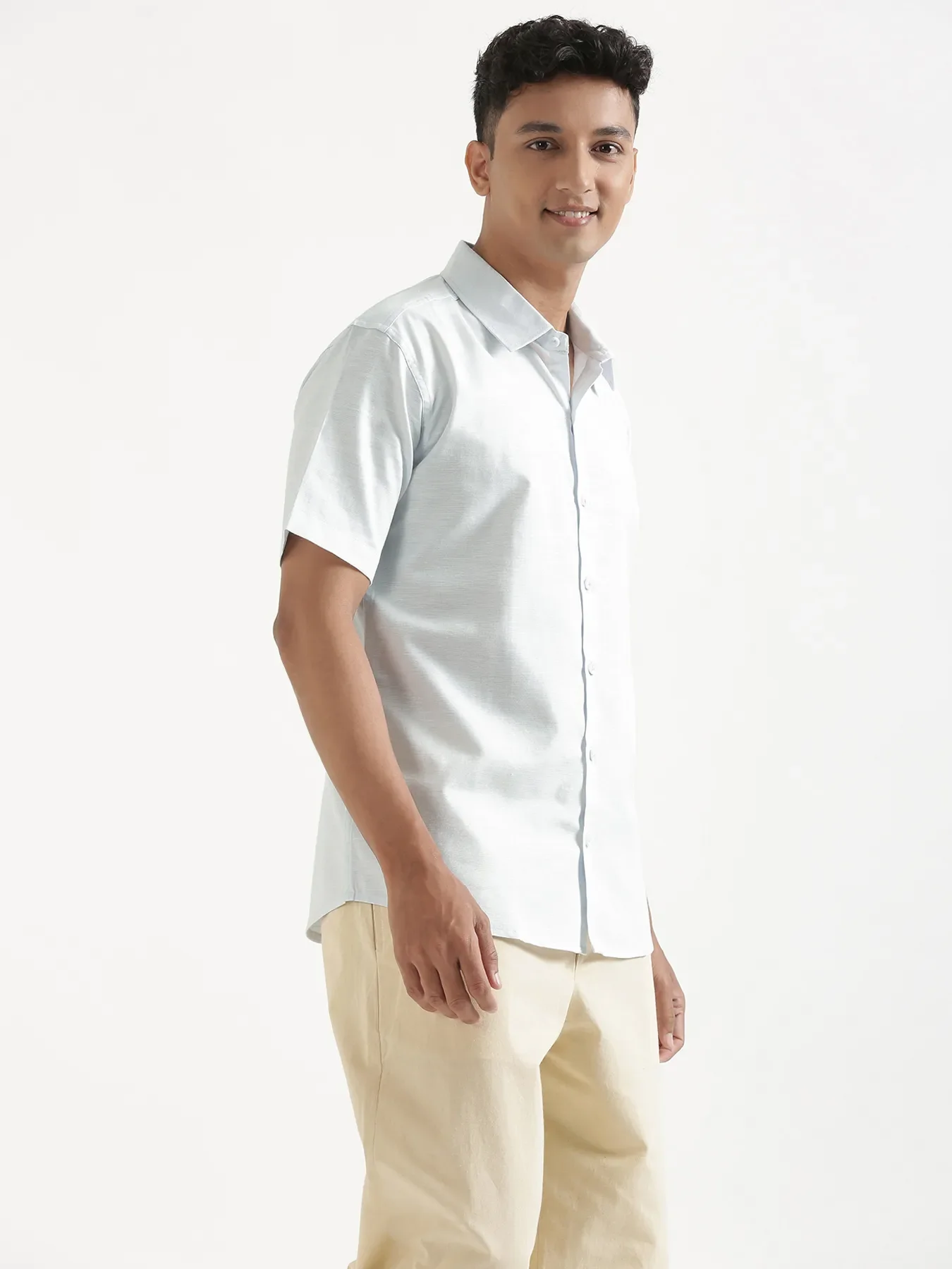 Men Powder Blue Linen Blend Short Sleeve Shirt - Image 11
