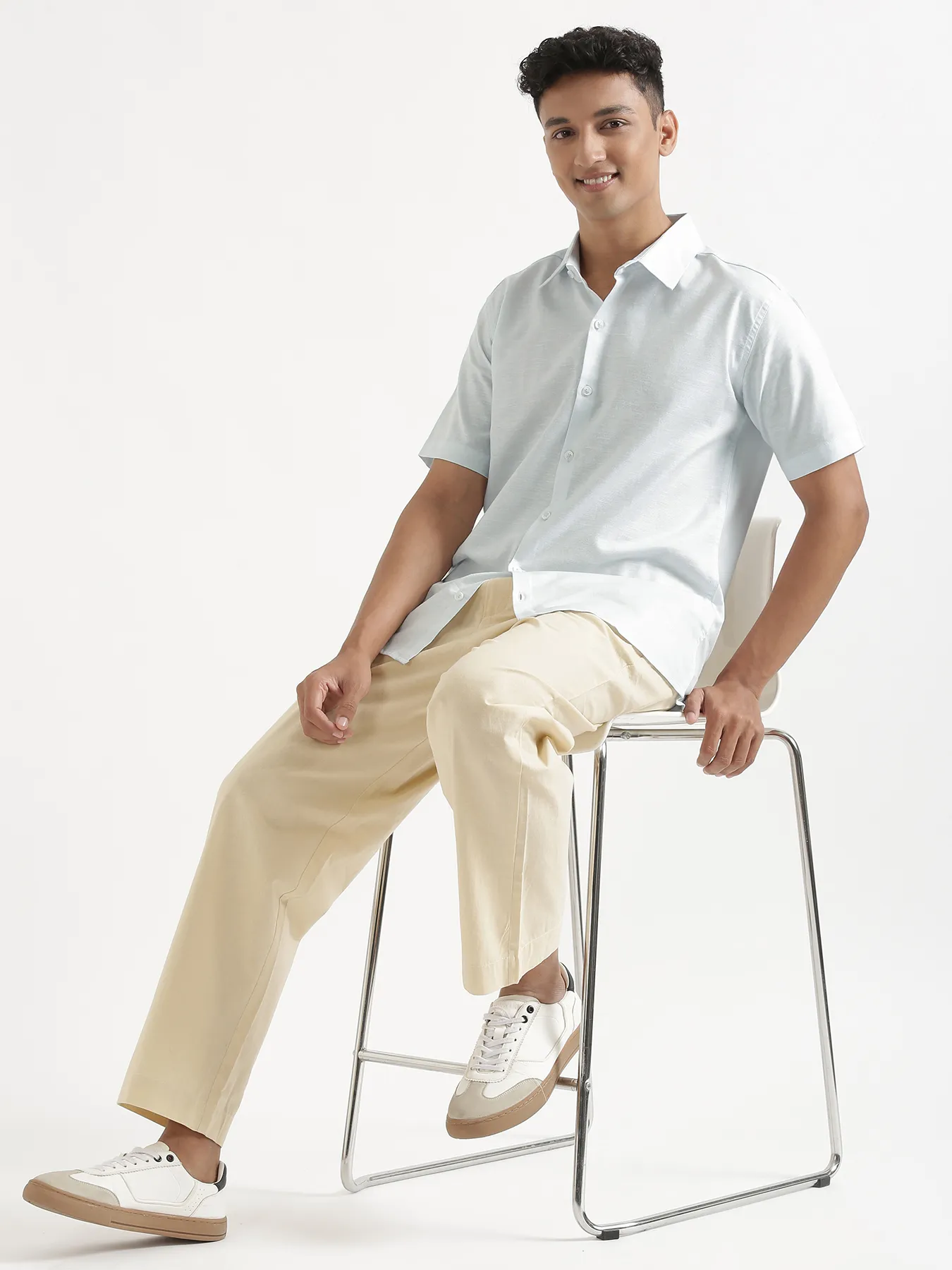 Men Powder Blue Linen Blend Short Sleeve Shirt - Image 12