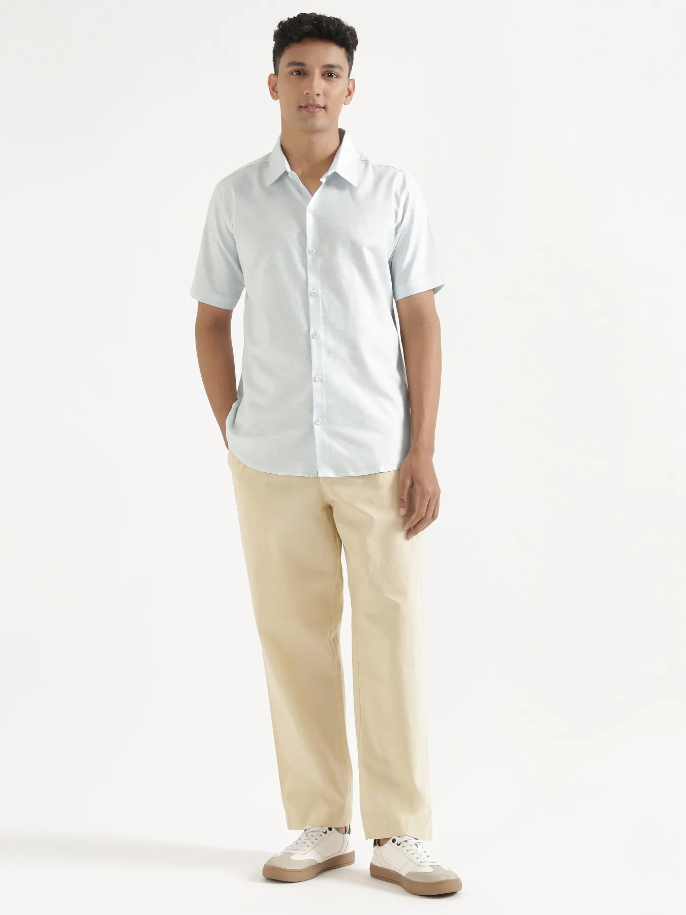 Men Powder Blue Linen Blend Short Sleeve Shirt - Image 3