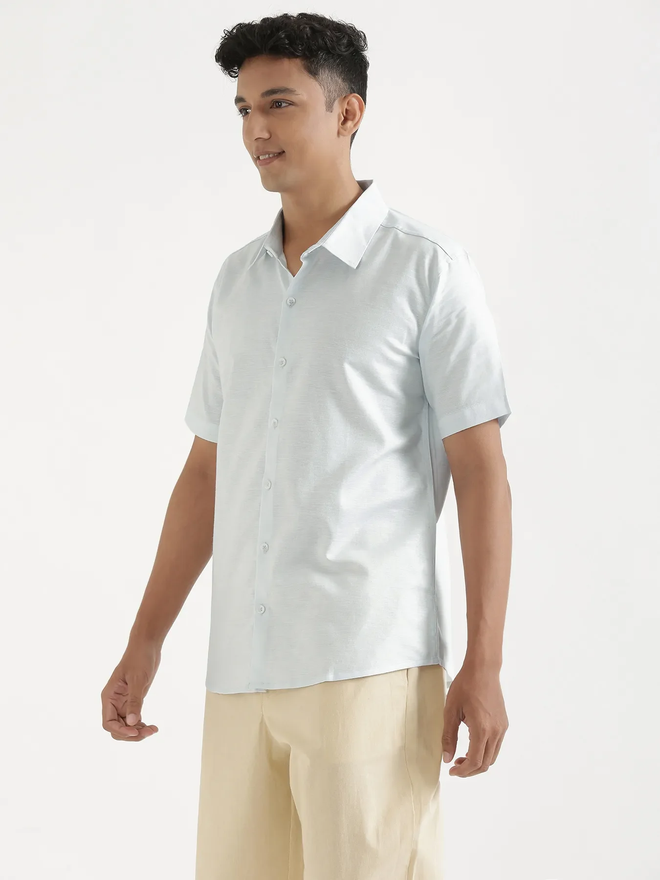 Men Powder Blue Linen Blend Short Sleeve Shirt - Image 5