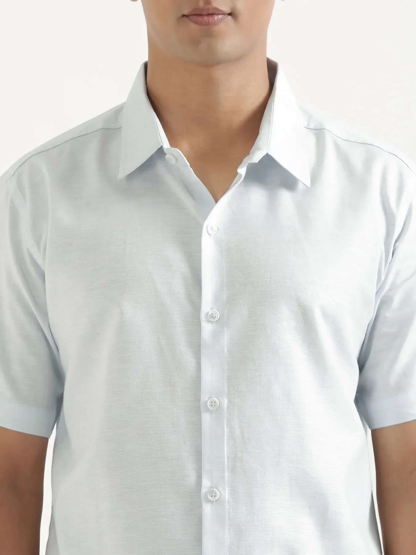 Men Powder Blue Linen Blend Short Sleeve Shirt - Image 6