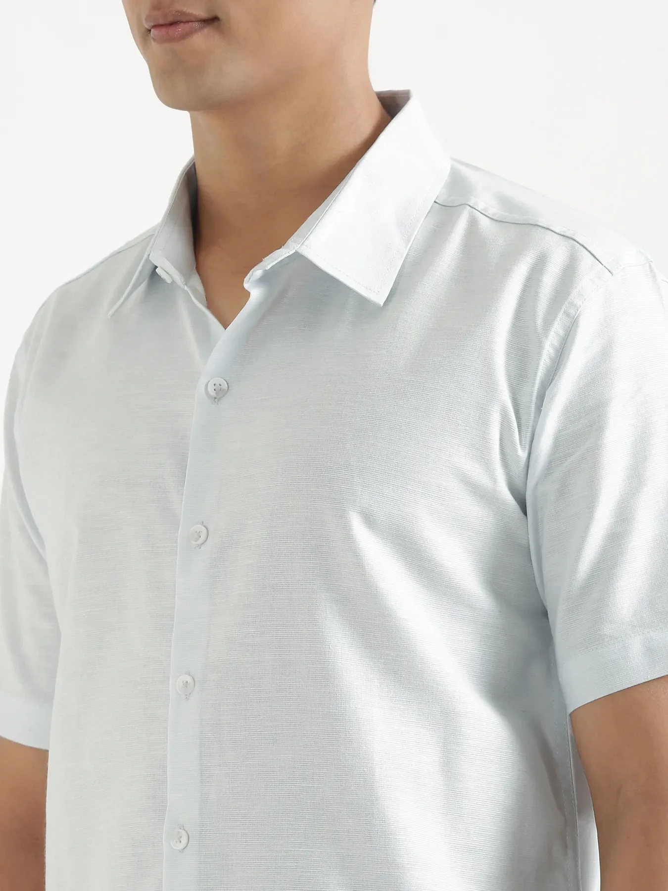Men Powder Blue Linen Blend Short Sleeve Shirt - Image 7