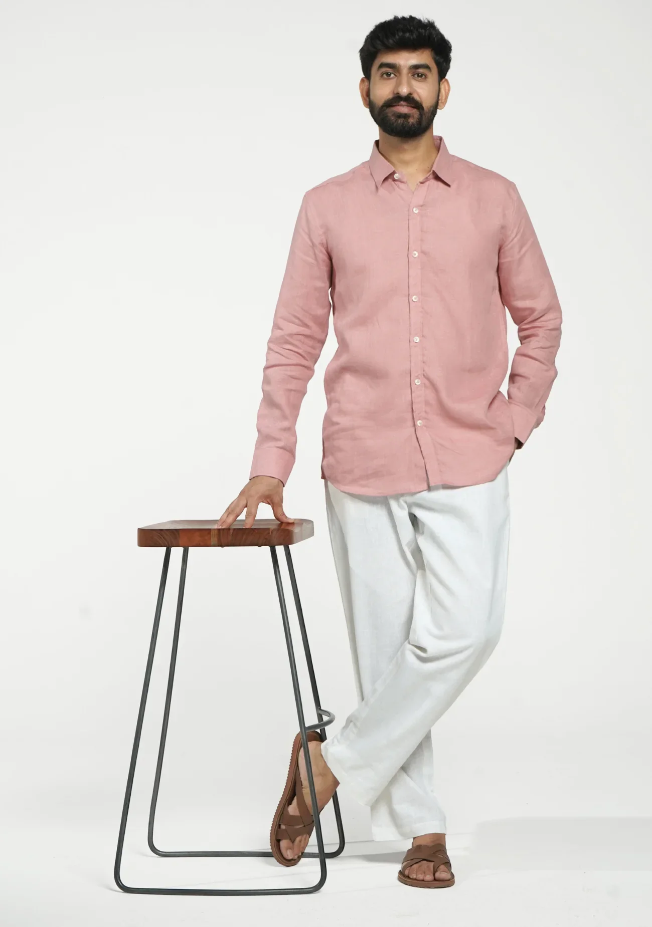 Men Rose Taupe Pure Linen Full Sleeve Shirt - Image 13
