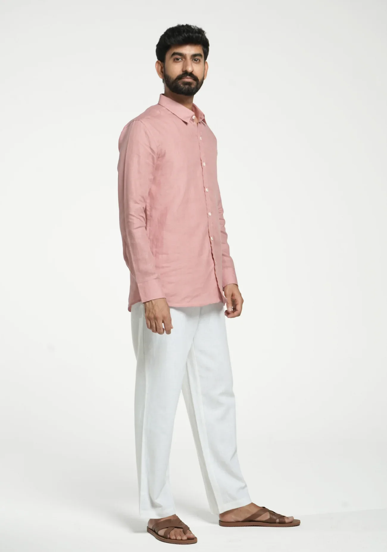 Men Rose Taupe Pure Linen Full Sleeve Shirt - Image 3