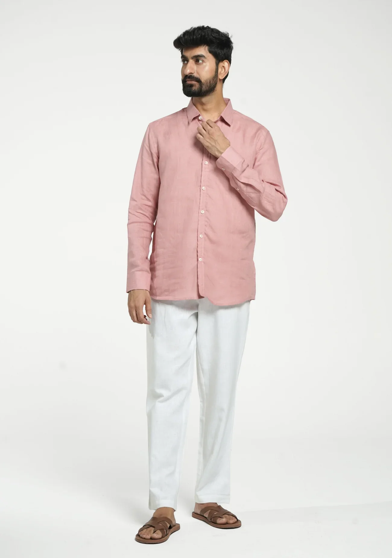Men Rose Taupe Pure Linen Full Sleeve Shirt - Image 8
