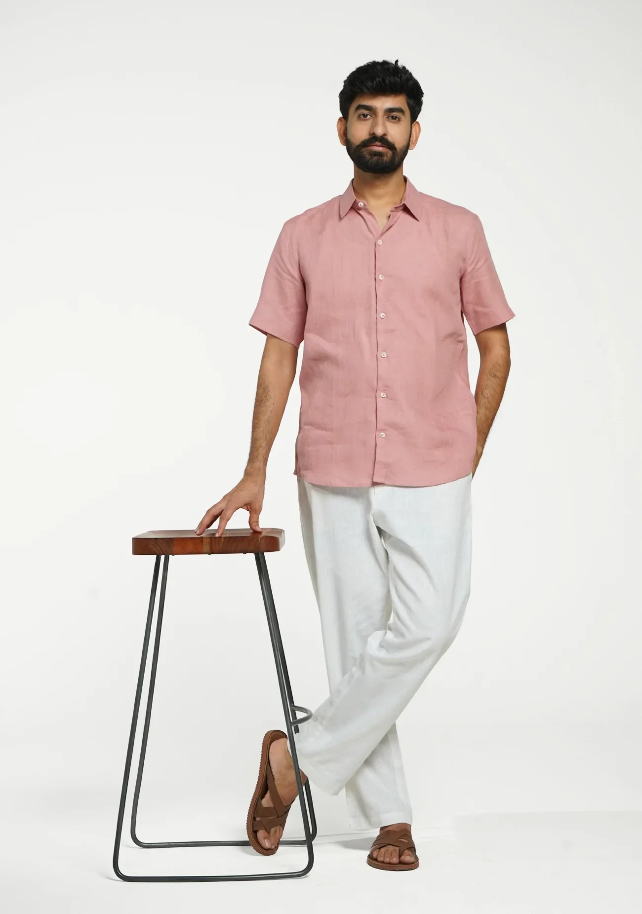 Men Rose Taupe Pure Linen Short Sleeve Shirt - Image 10