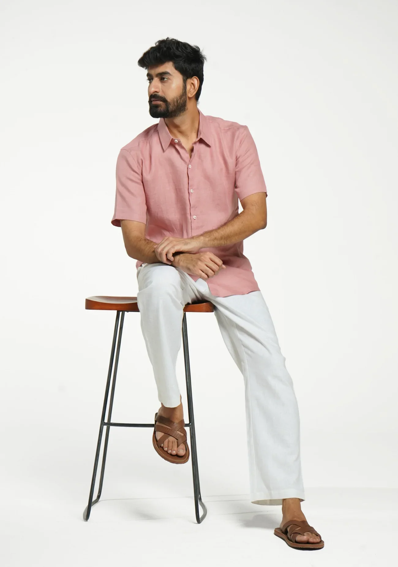 Men Rose Taupe Pure Linen Short Sleeve Shirt - Image 11