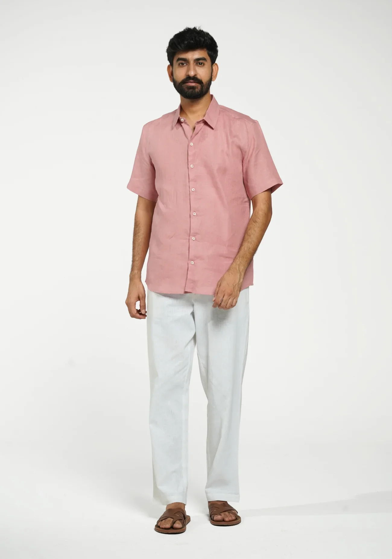 Men Rose Taupe Pure Linen Short Sleeve Shirt - Image 3