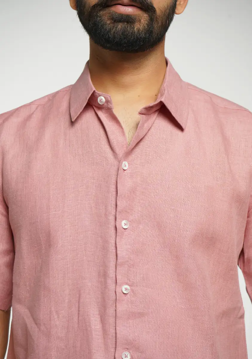 Men Rose Taupe Pure Linen Short Sleeve Shirt - Image 4