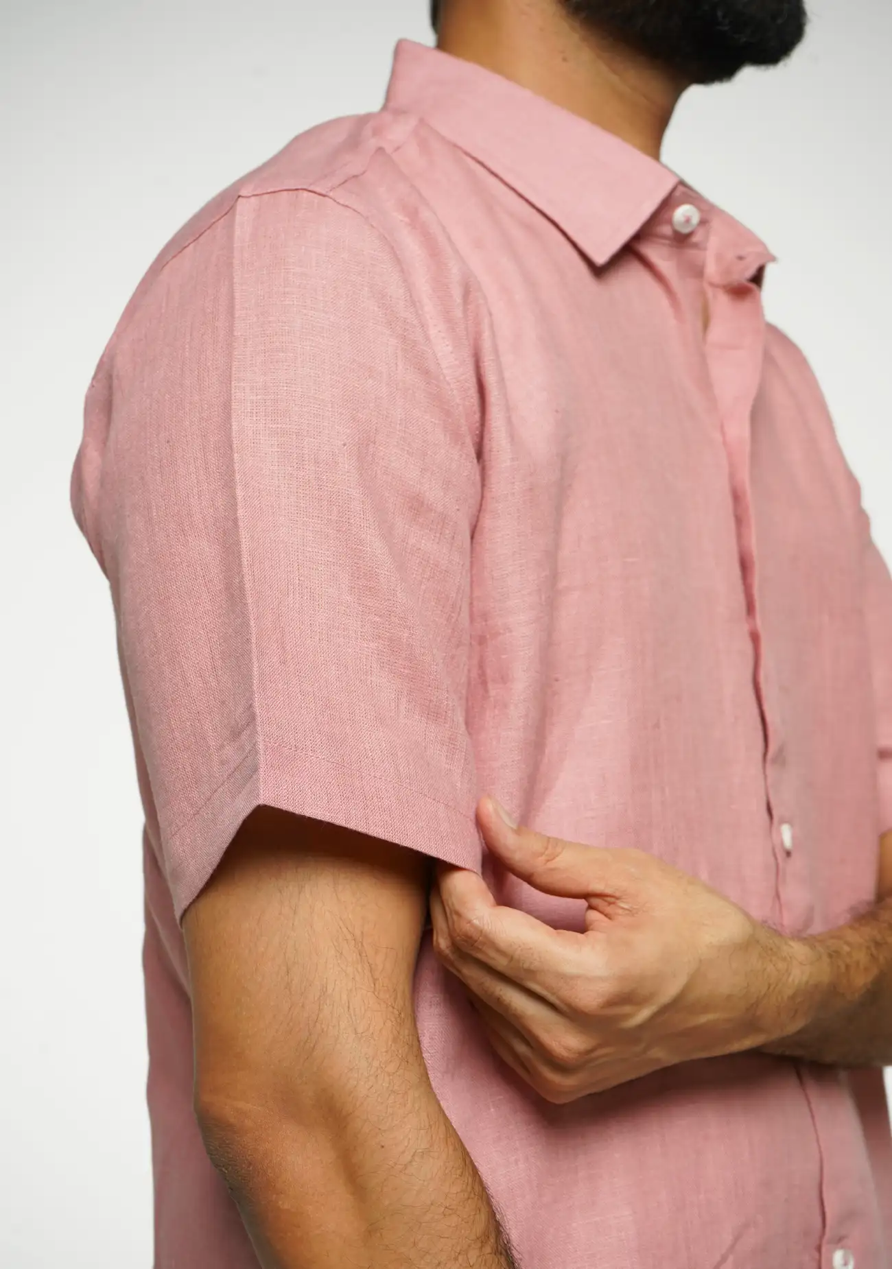 Men Rose Taupe Pure Linen Short Sleeve Shirt - Image 5