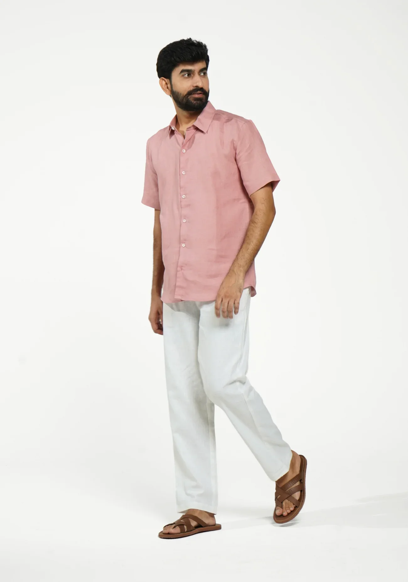 Men Rose Taupe Pure Linen Short Sleeve Shirt - Image 6