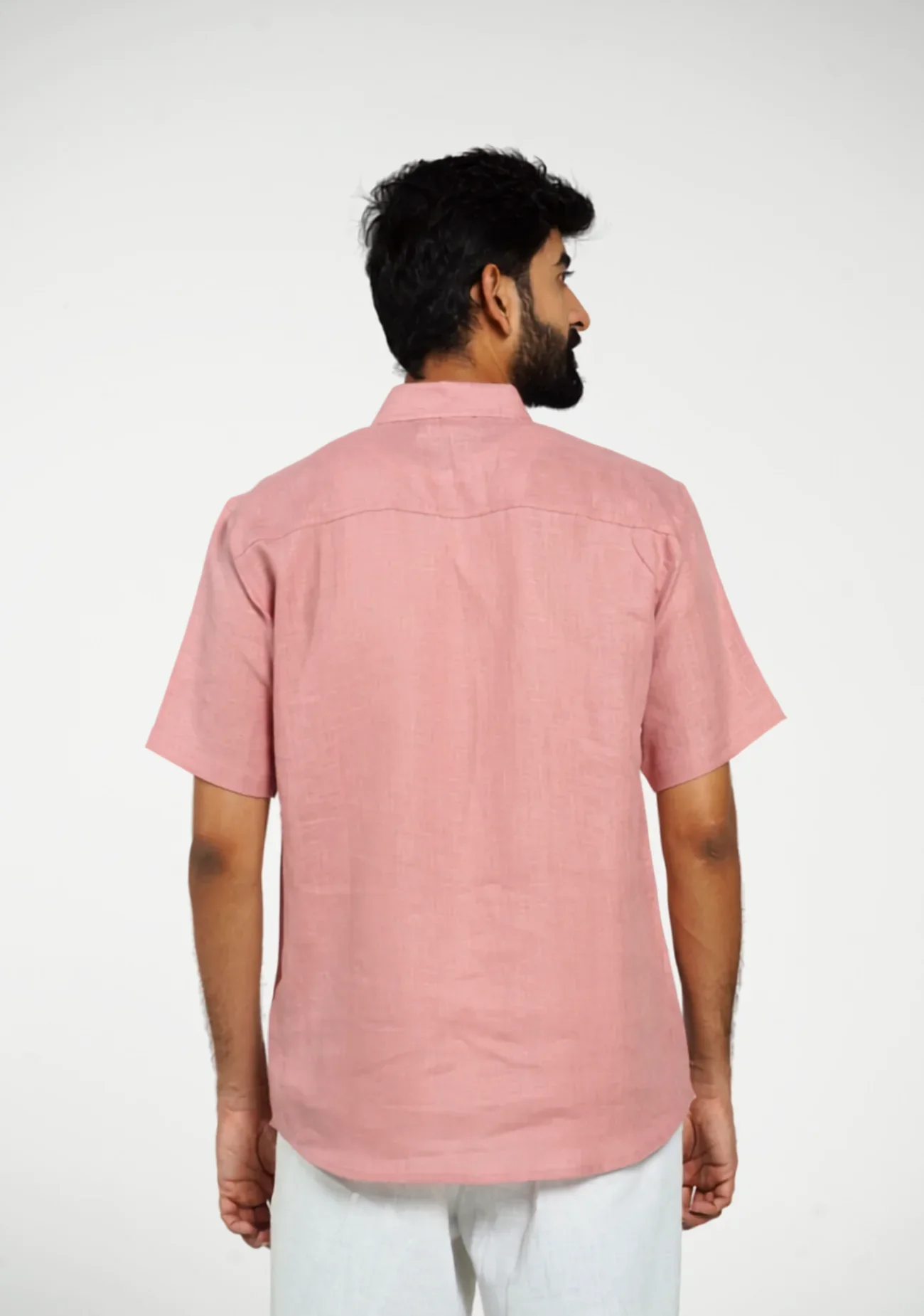 Men Rose Taupe Pure Linen Short Sleeve Shirt - Image 7