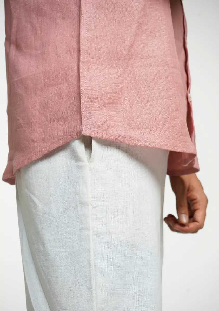 Men Rose Taupe Pure Linen Short Sleeve Shirt - Image 8