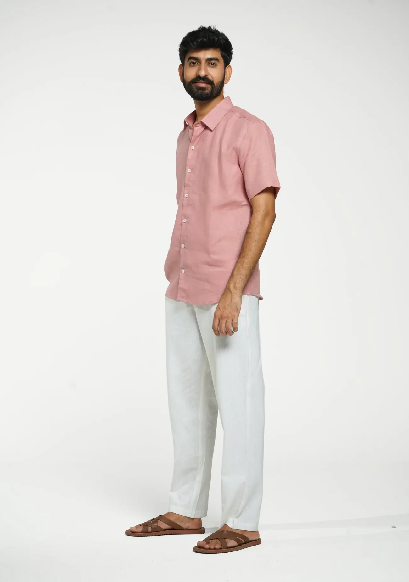 Men Rose Taupe Pure Linen Short Sleeve Shirt - Image 9