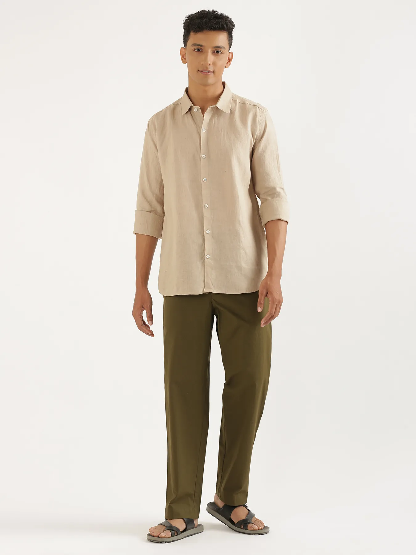 Men Taupe Pure Linen Full Sleeve Shirt - Image 3